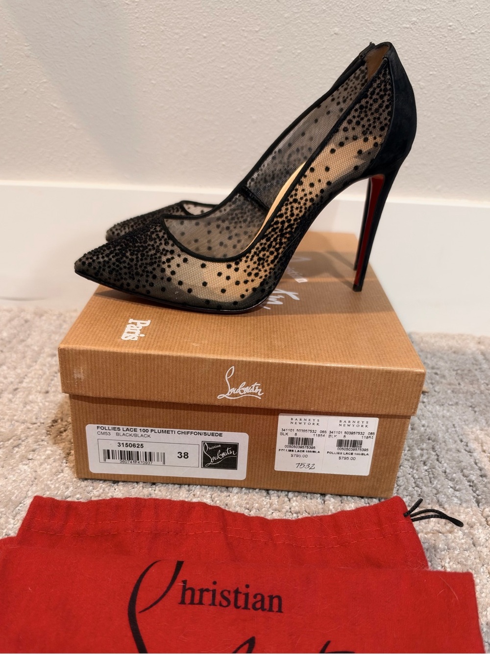 Louboutin Follies Lace 100mm Plumeti Mesh/Suede pumps, Black, size 38